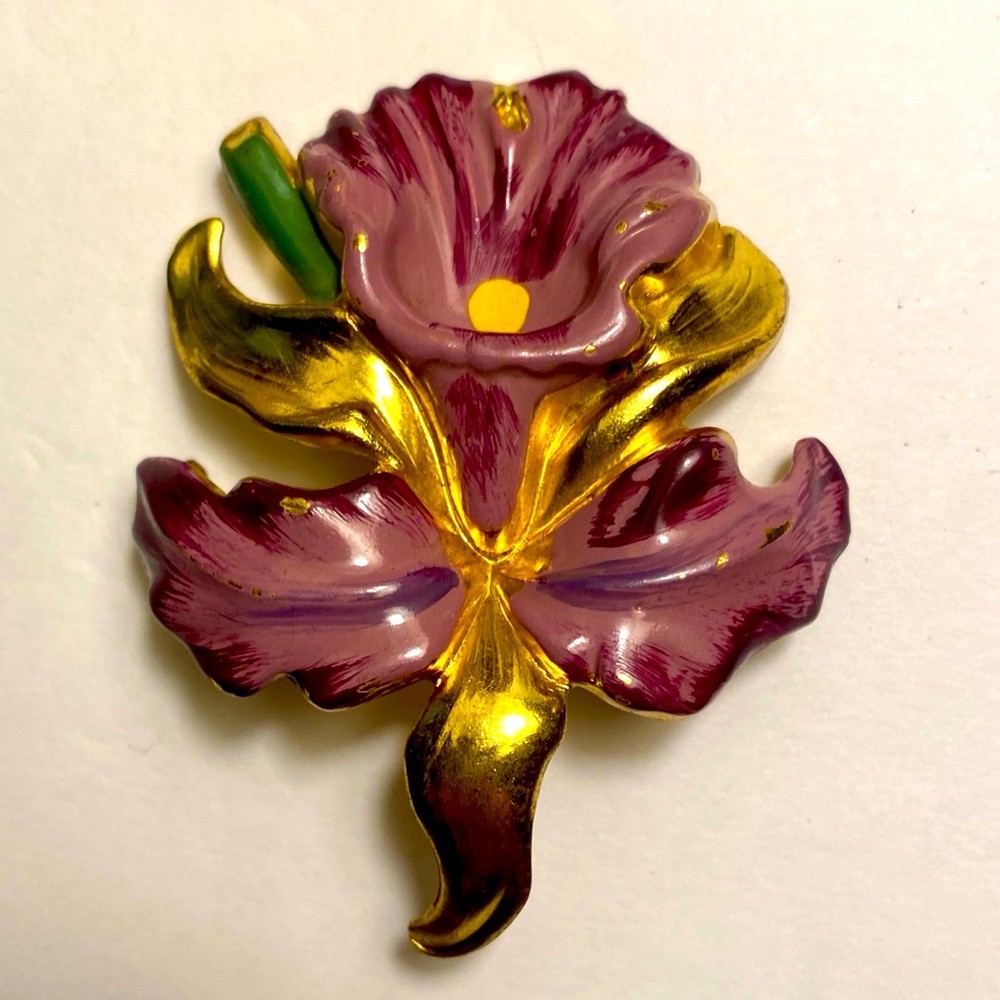 Vintage Purple Iris Flower Brooch Stamped Enameled Brass